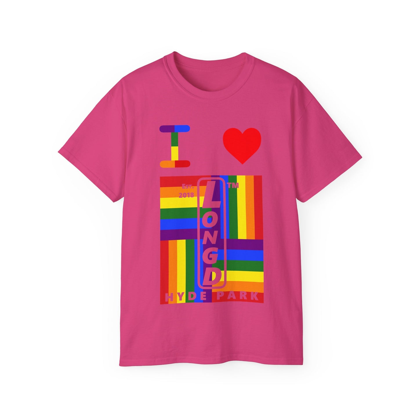 I Luv LongD Cotton Tee negative windmill Hyde Park upright logo (Pride colors)