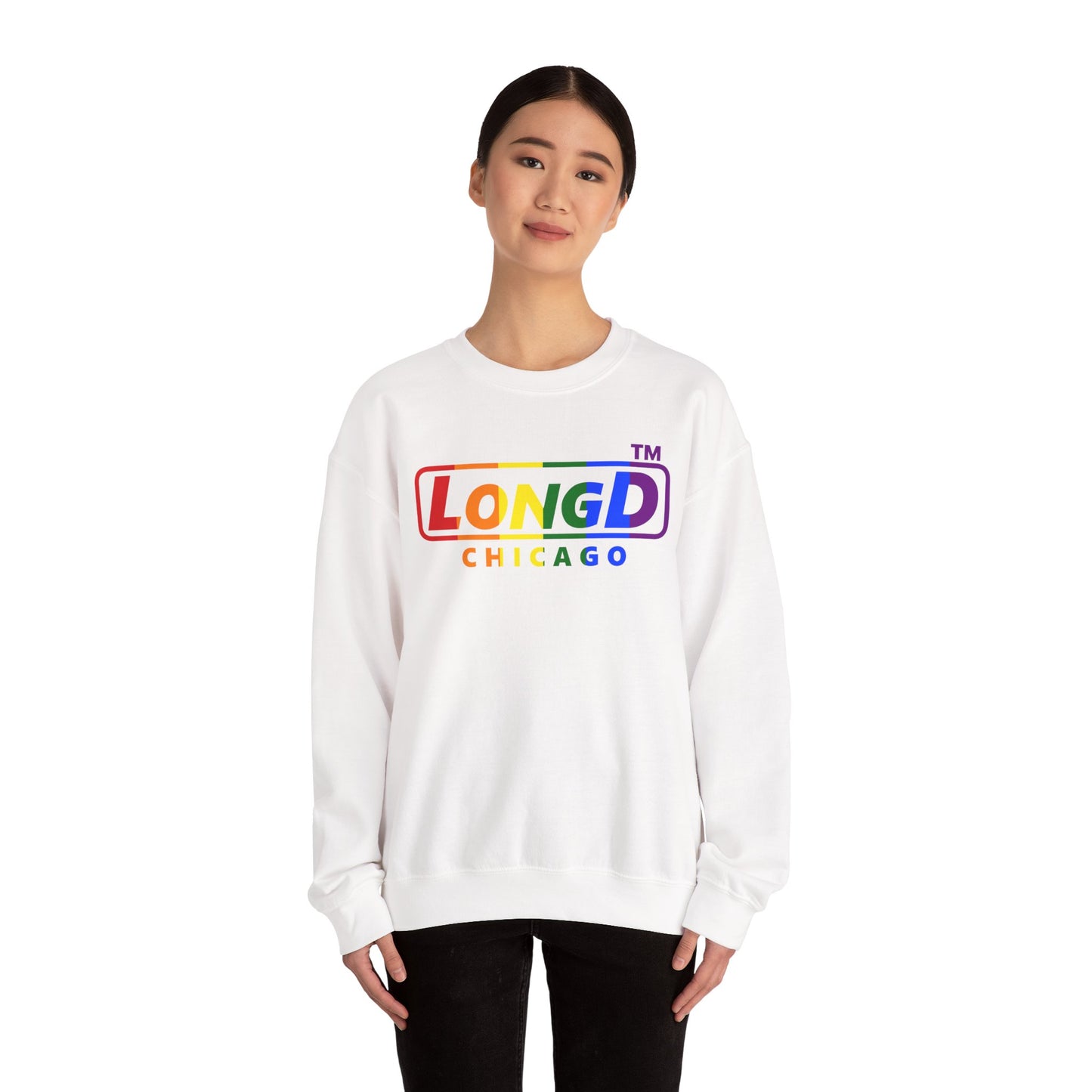 LongD positive vertical striped Chicago logo crewneck sweatshirt (Pride colors)