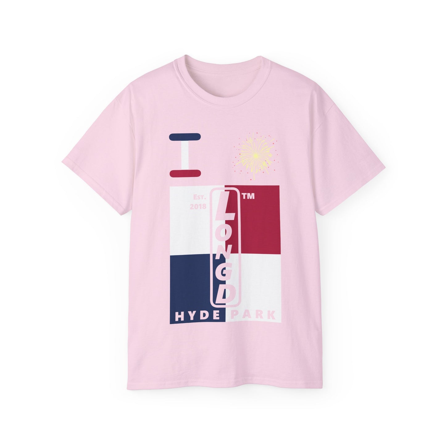 I Burst LongD cotton tee negative quarters Hyde Park upright logo (Patriotic colors)