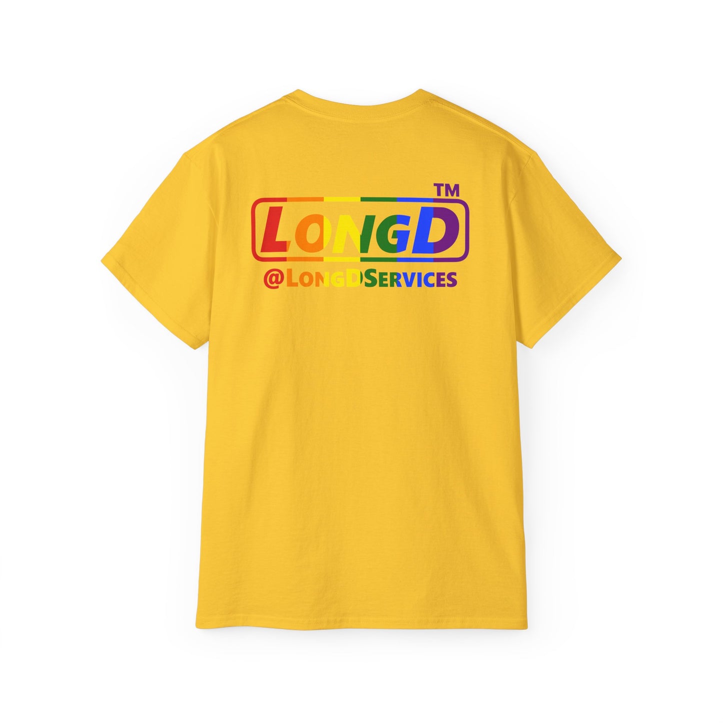 LongD positive vertical striped front-back Chicago logo cotton tee (Pride colors)