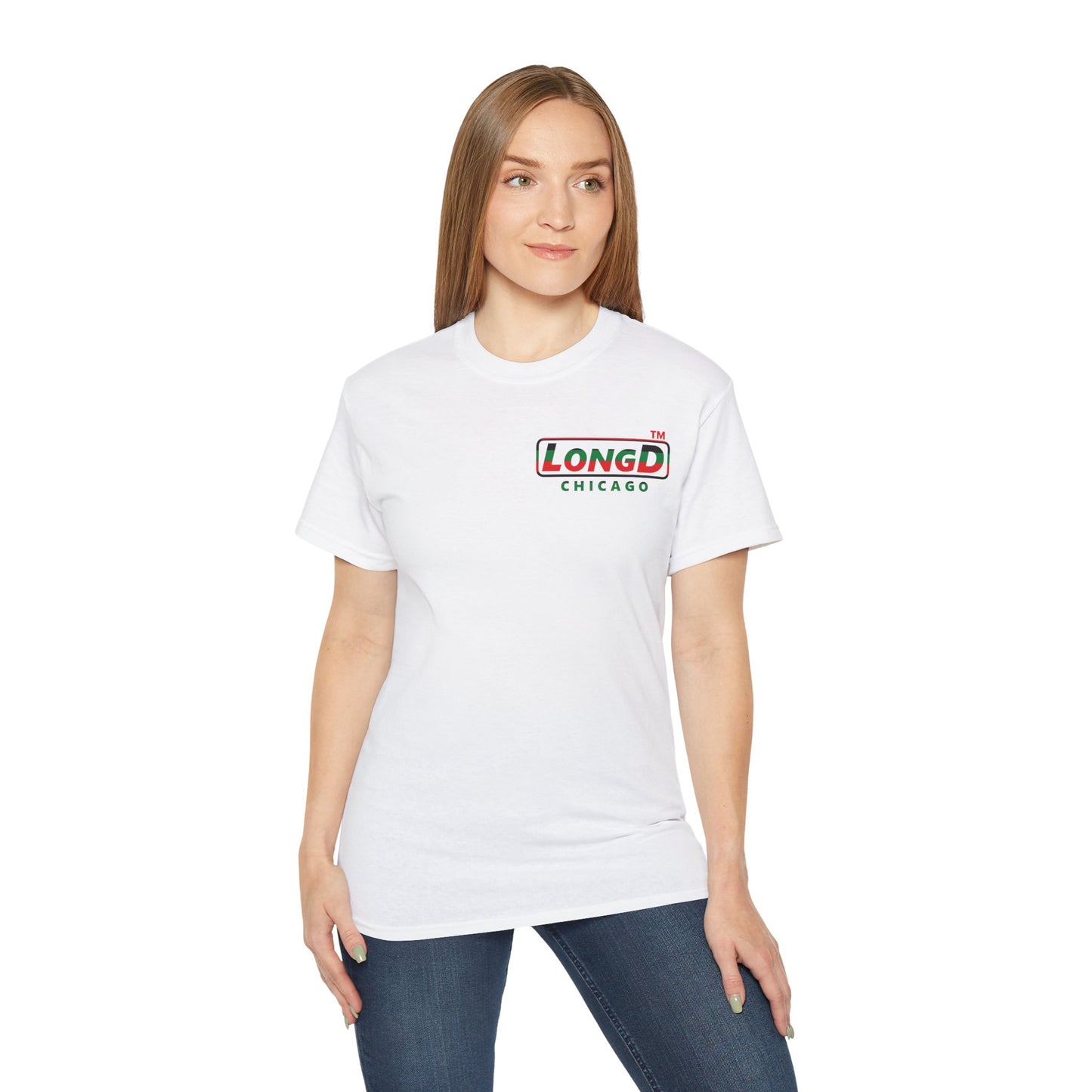 LongD positive horizontal 6-striped Chicago logo single-breasted front-back cotton tee (Juneteenth colors)