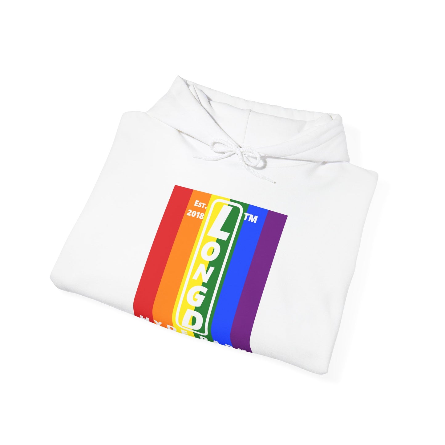 LongD® negative vertical 6-striped upright Hyde Park logo hoodie (Pride colors)