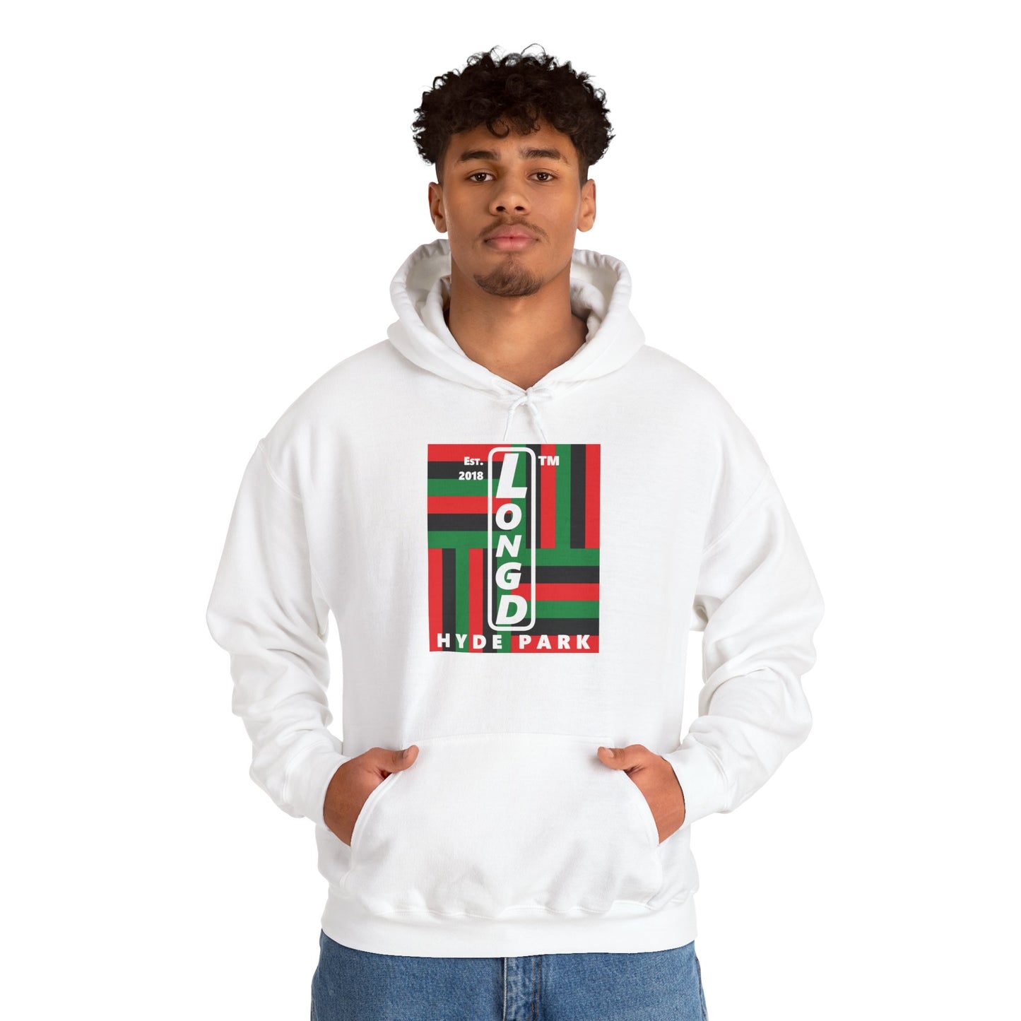 LongD® negative windmill upright Hyde Park logo hoodie (Juneteenth colors)