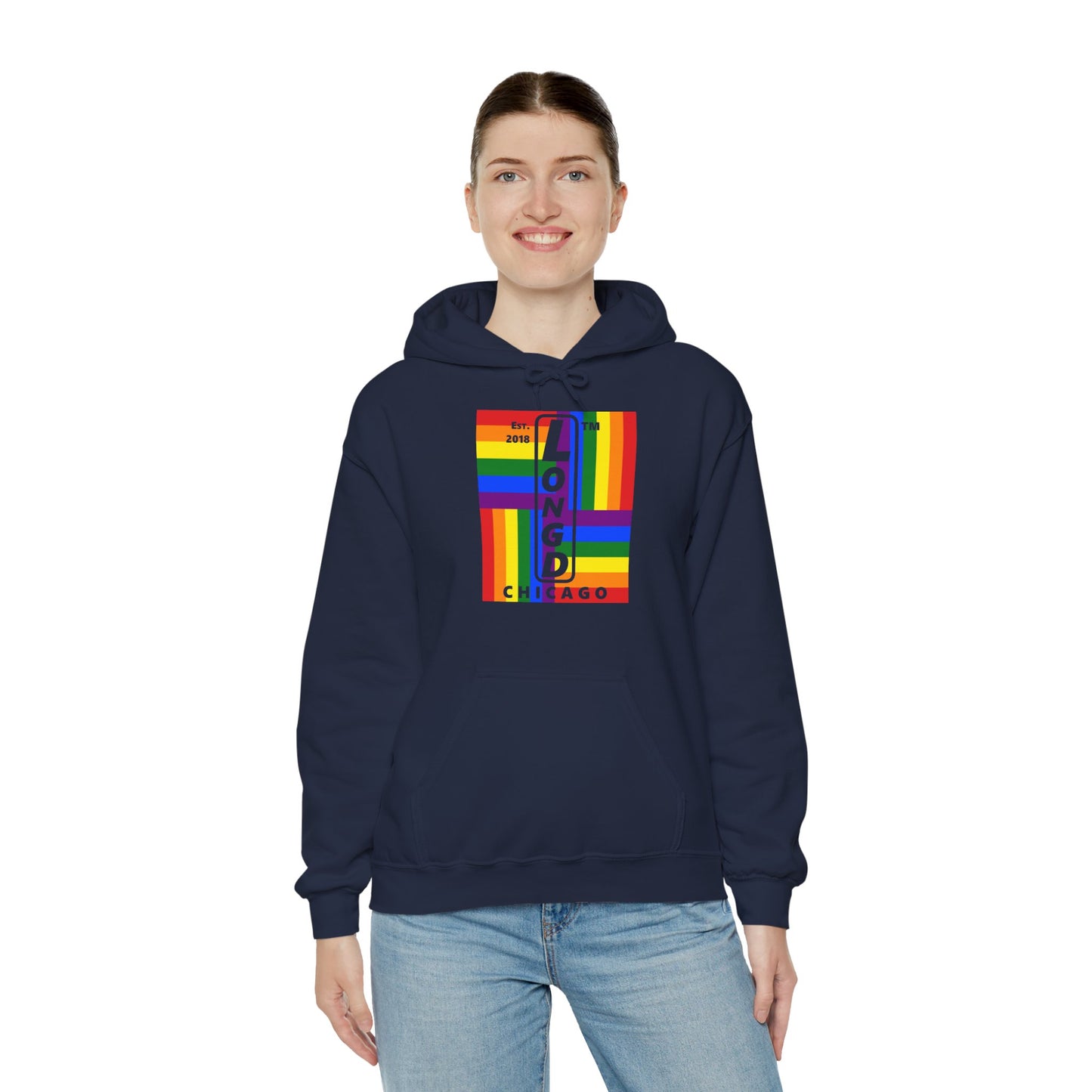 LongD® negative windmill upright Chicago logo hoodie (Pride colors)