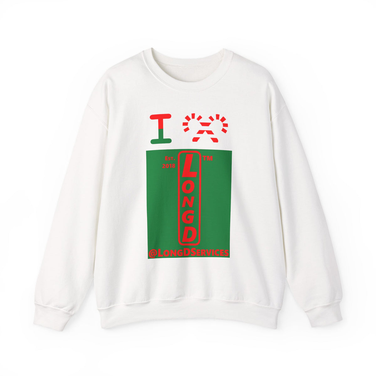 I candy cane LongD Tag upright front-back logo positive red on negative green crewneck sweatshirt
