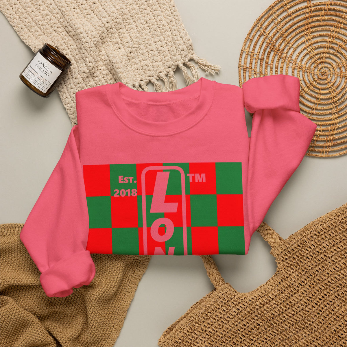 LongD Chicago negative upright checkered front-back logo (Xmas colors) crewneck sweatshirt