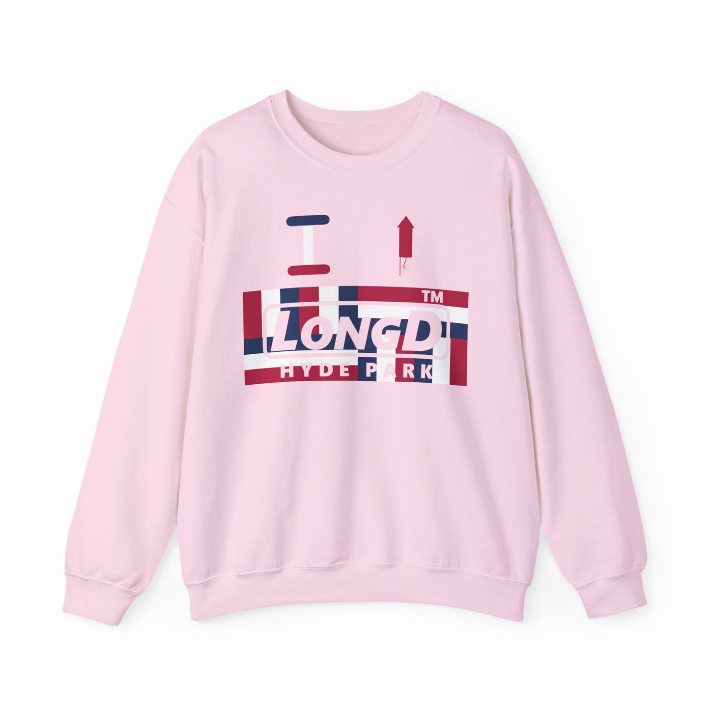 I firecracker LongD negative modified windmill Hyde Park logo crewneck sweatshirt