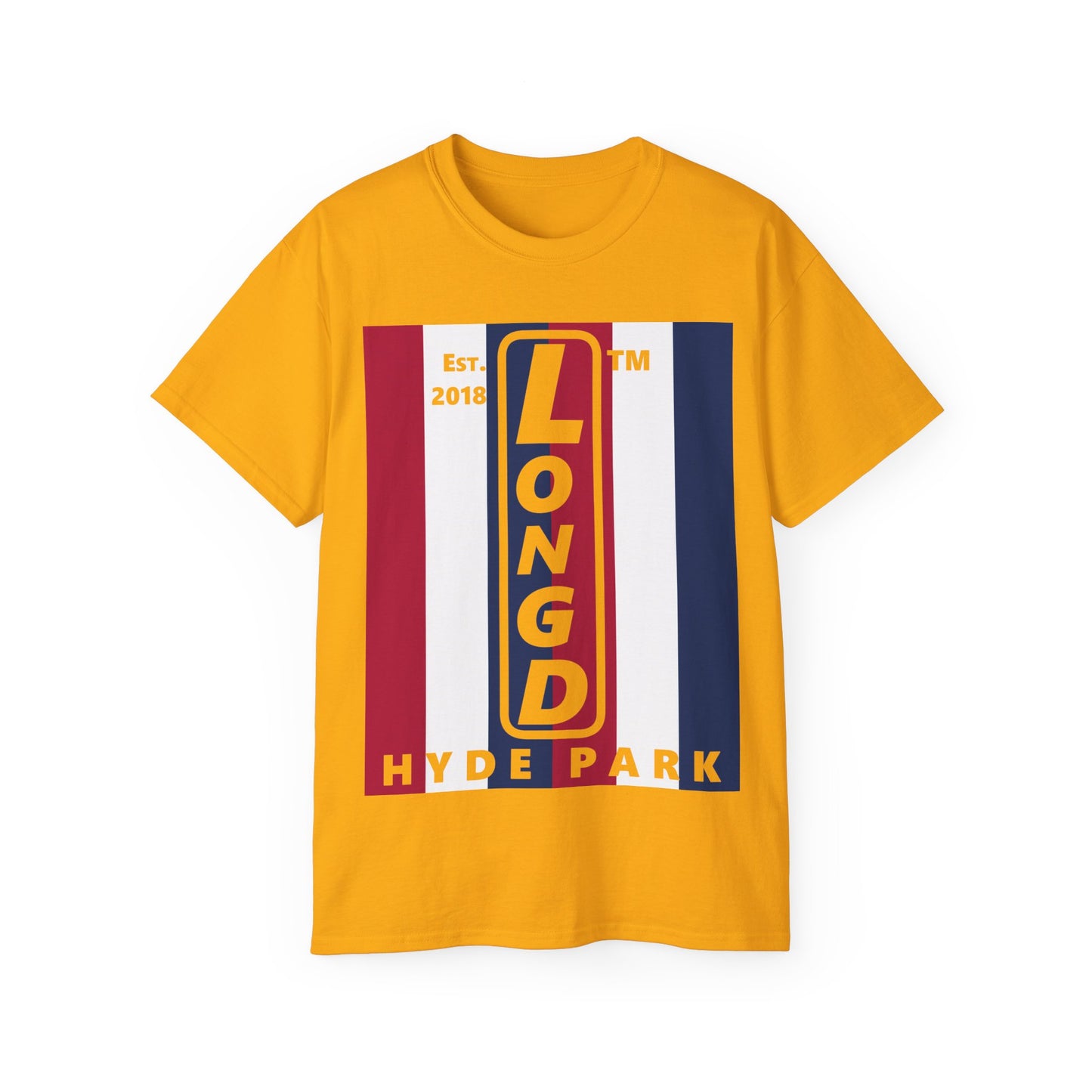 LongD cotton tee negative vertical 6-striped Hyde Park upright logo (Patriotic colors)