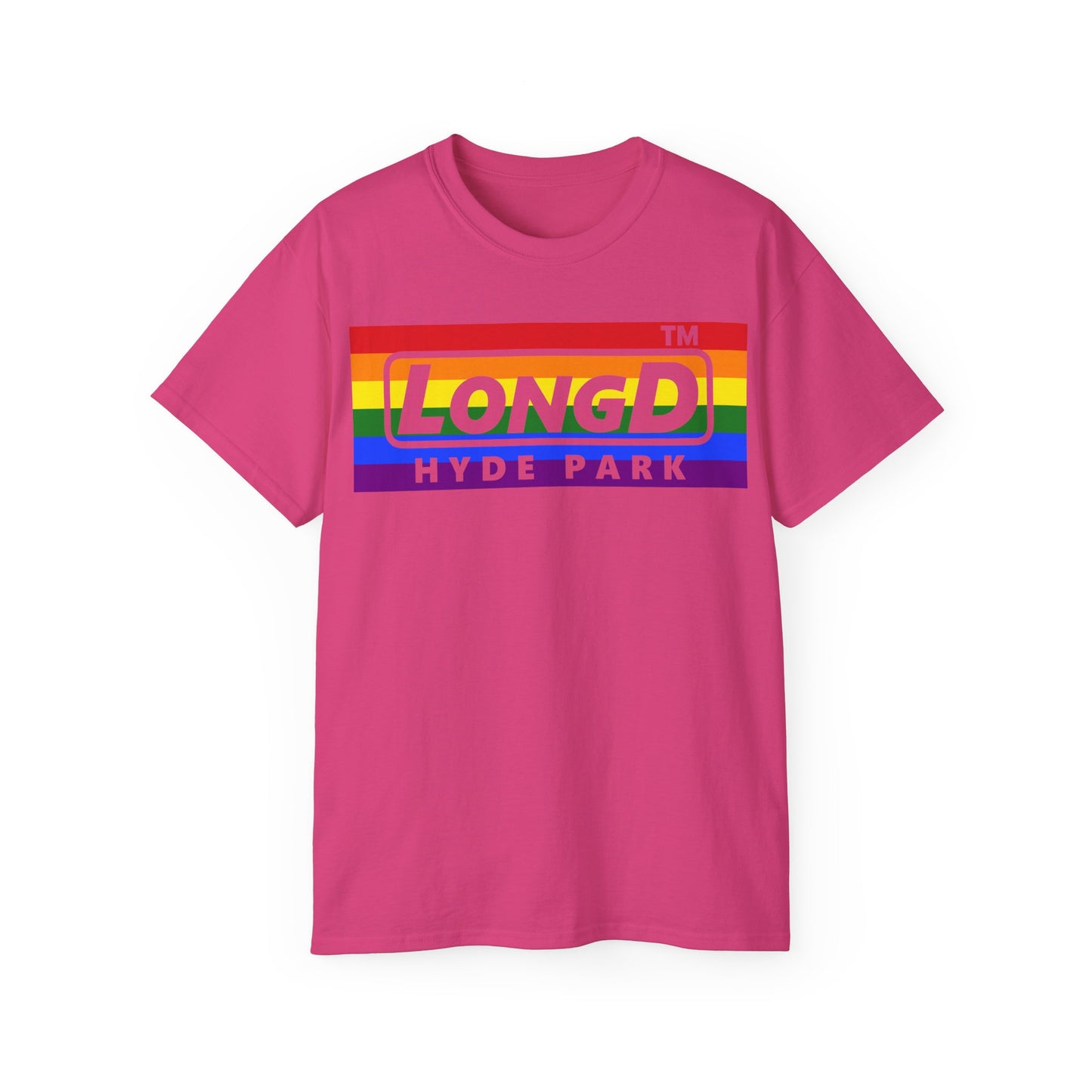 LongD negative horizontal striped Hyde Park logo cotton tee (Pride colors)