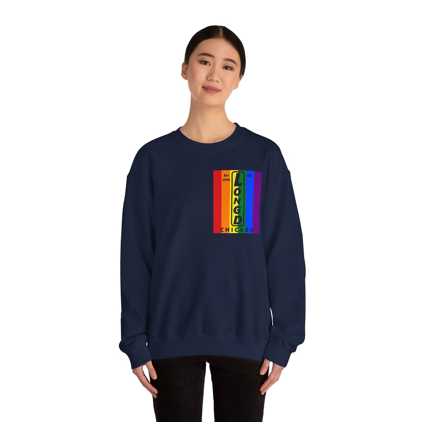 LongD negative flag single-breasted front-back Chicago upright logo crewneck sweatshirt (Pride colors)