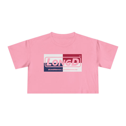 LongD Logo Women's Crop Tee Red, White & Blue negative quarters