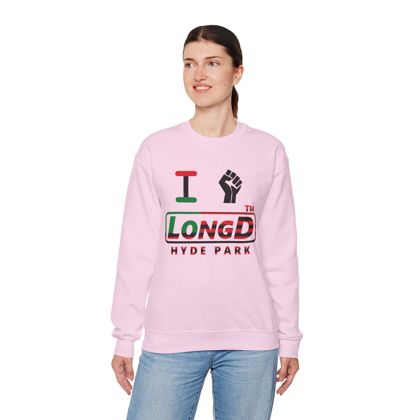 I fist LongD positive flag Hyde Park logo crewneck sweatshirt