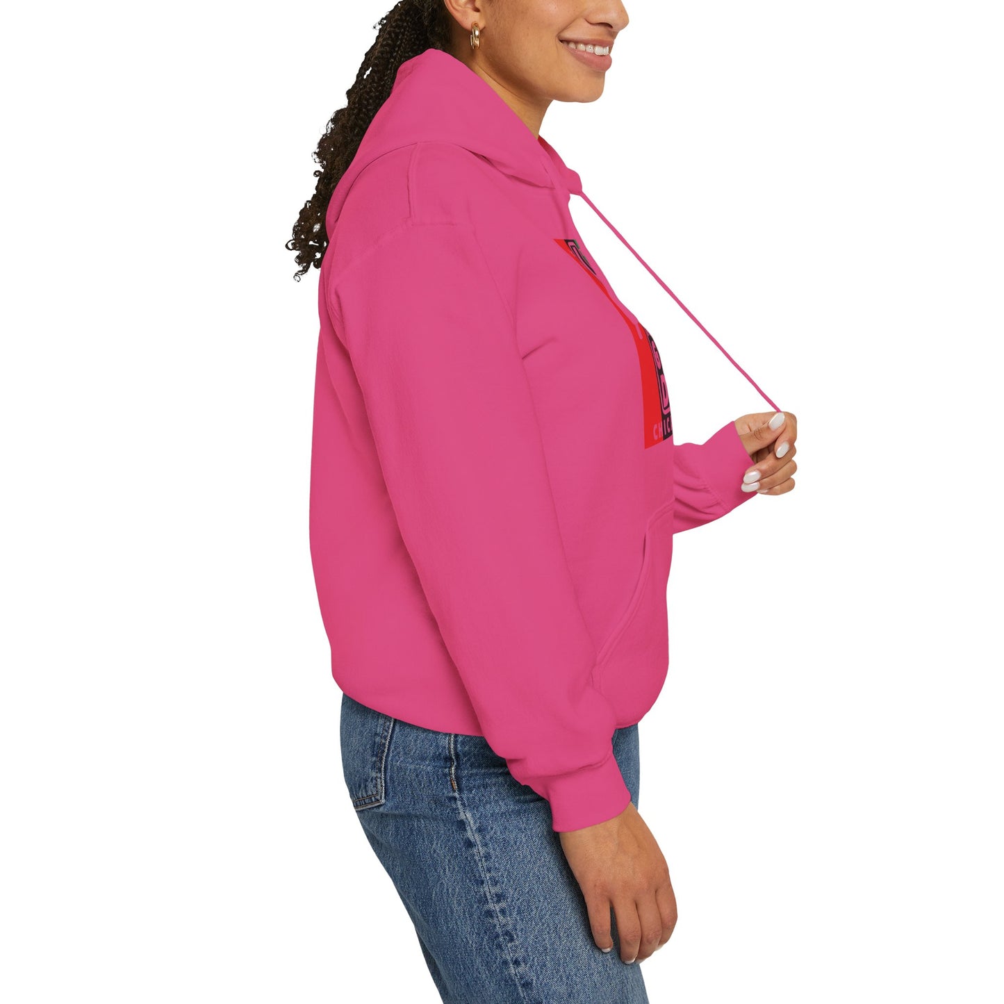 LongD® negative vertical 3-striped upright Chicago logo hoodie (Juneteenth colors)