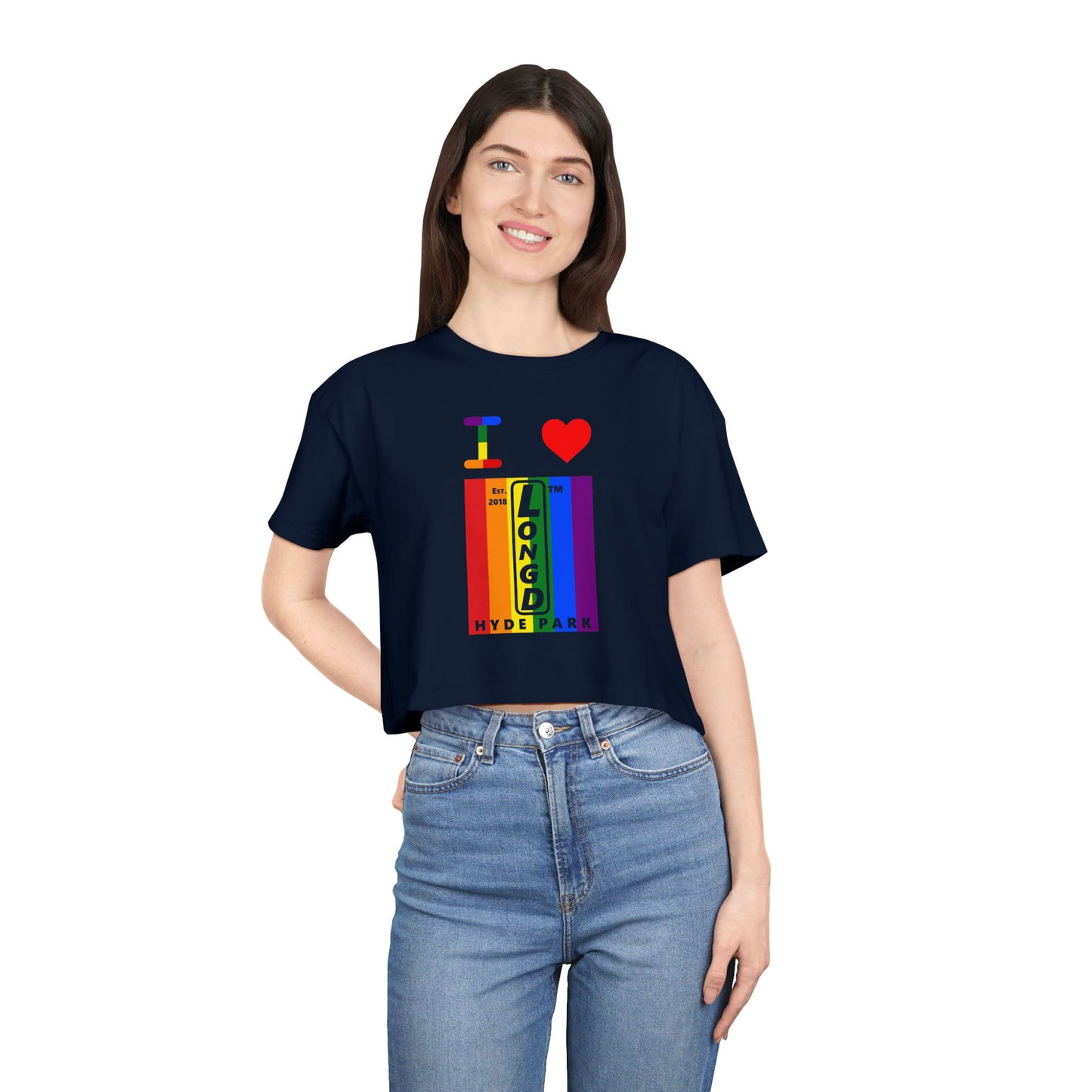 I Luv LongD Mixed horizontal 6-striped upright front-back Hyde Park logo crop tee (Pride colors)
