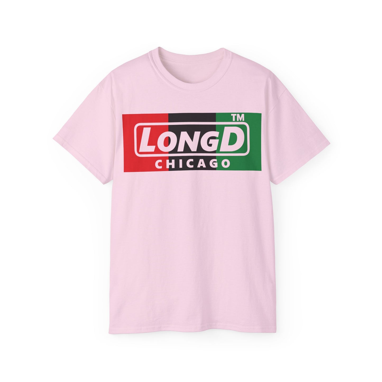LongD negative vertical 3-striped Chicago logo cotton tee (Juneteenth colors)