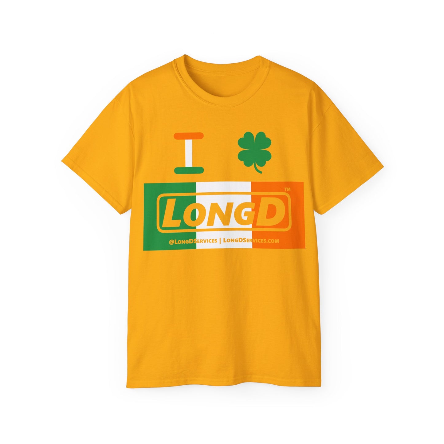 I Clover LongD® Logo Cotton Tee (St. Patrick's Day -Irish Green, White and Irish Orange negative thirds with 4-leaf clover)