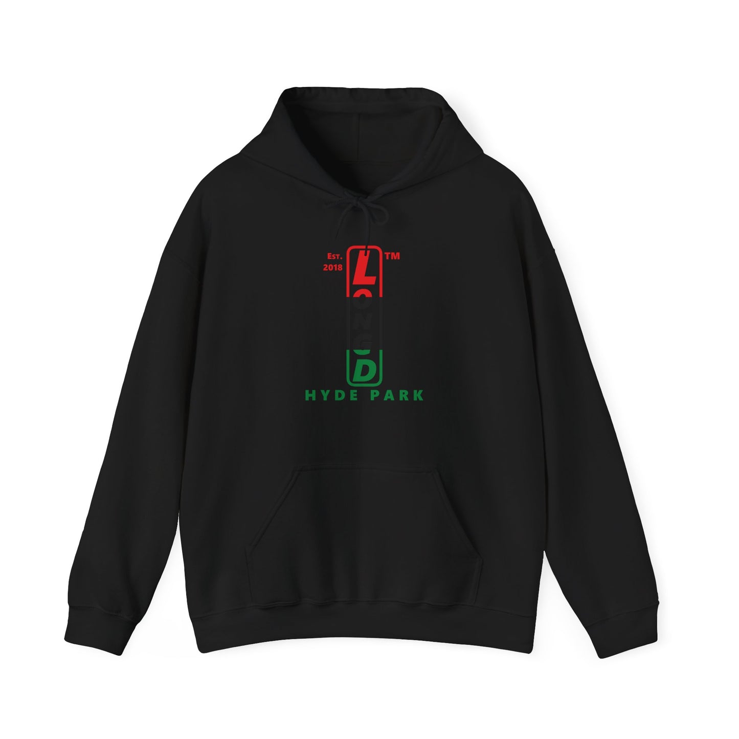 LongD® positive horizontal 3-striped upright Hyde Park logo hoodie (Juneteenth colors)