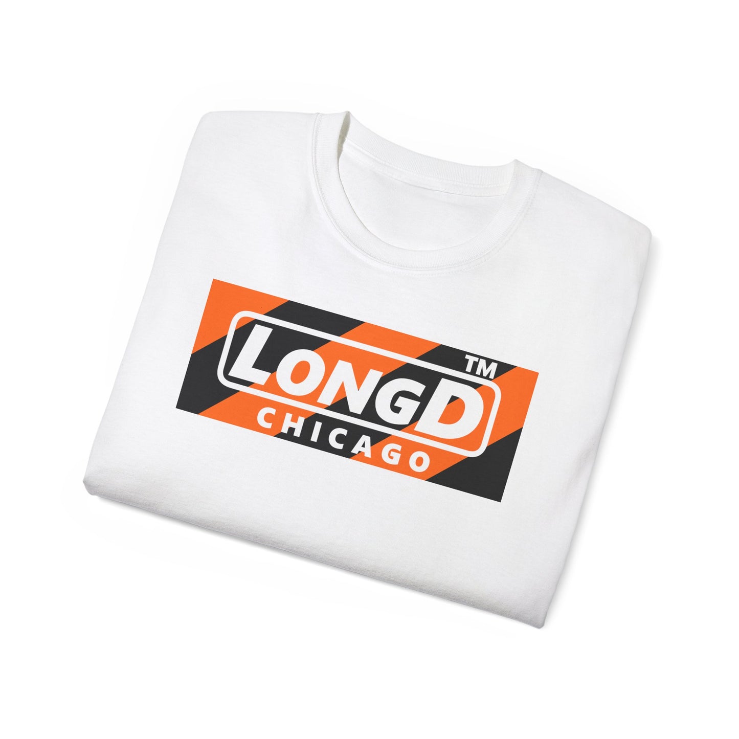 LongD Chicago negative diagonal 6-striped front-back logo (Halloween colors) cotton tee