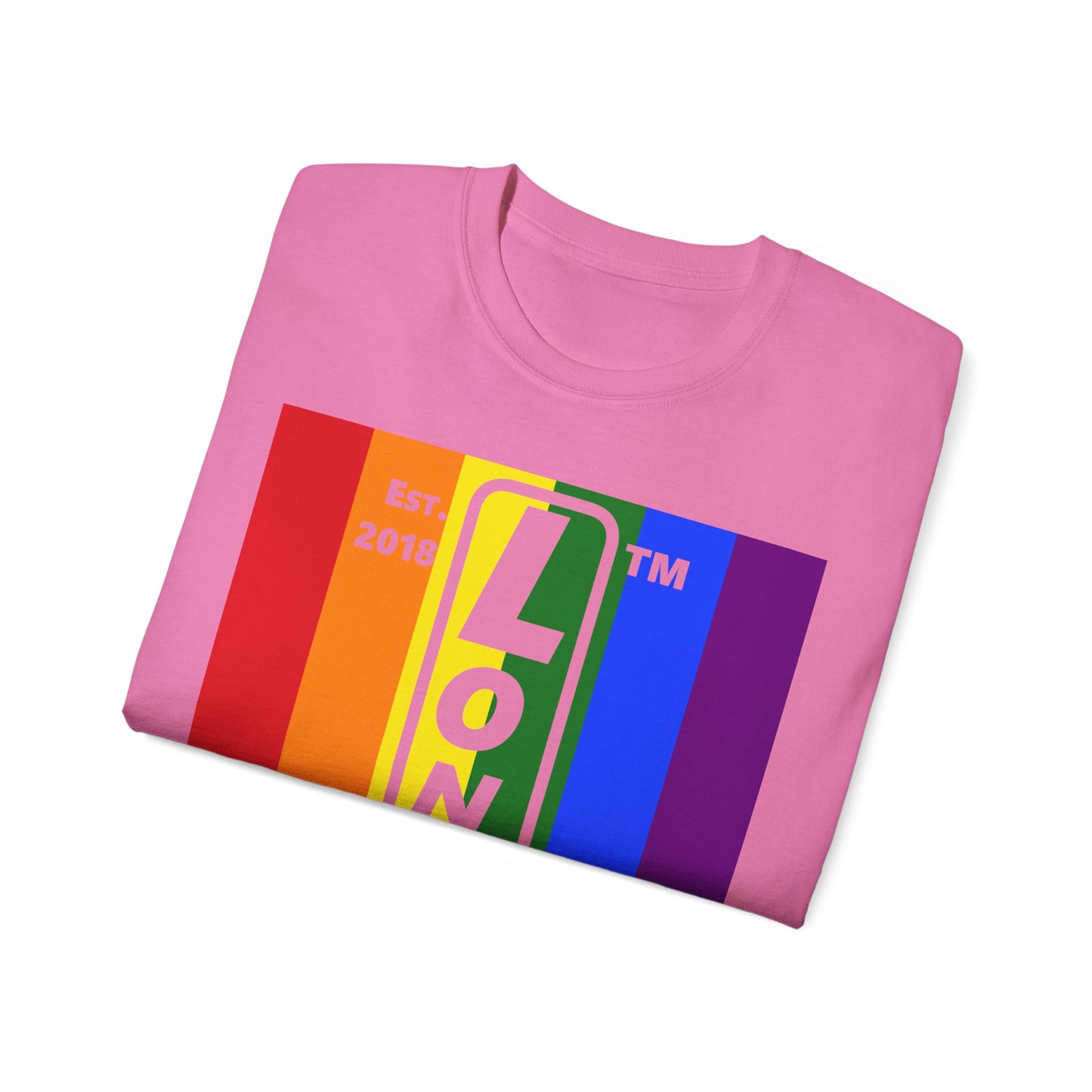 LongD Cotton Tee negative vertical striped Hyde Park upright logo (Pride colors)