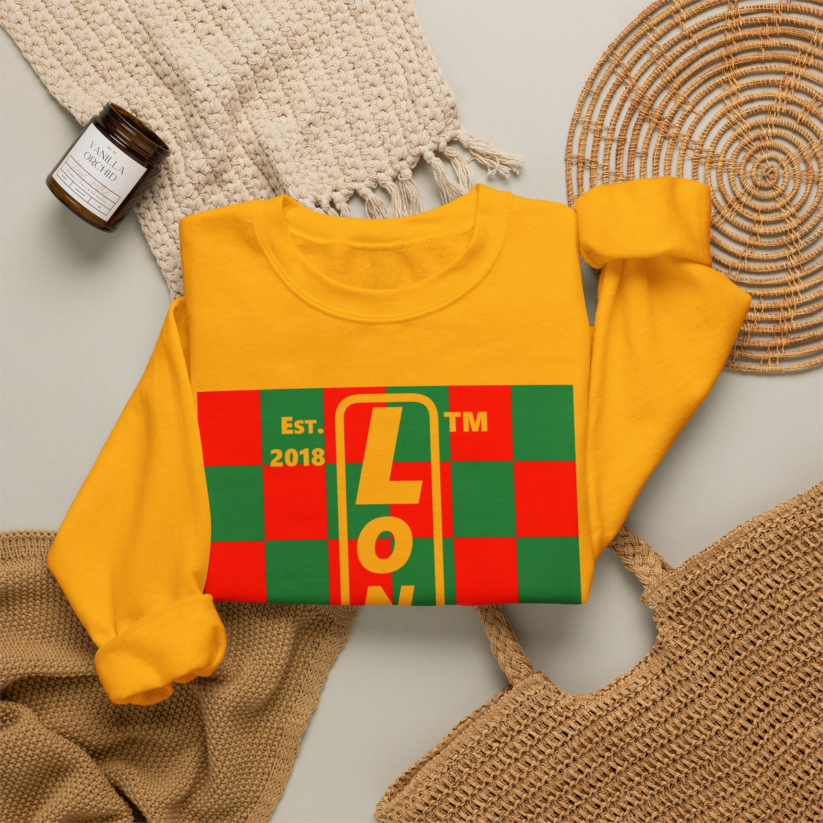 LongD Chicago negative upright checkered front-back logo (Xmas colors) crewneck sweatshirt