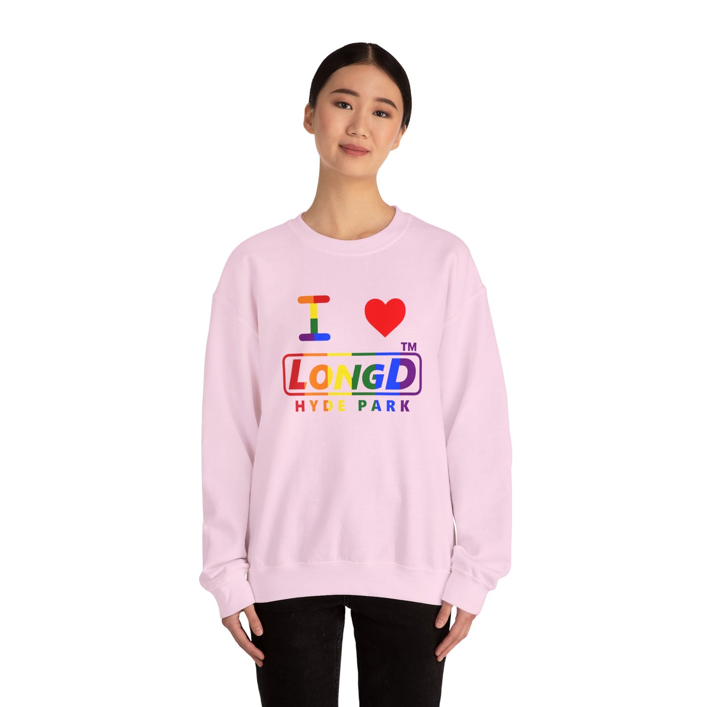 I Luv LongD positive vertical striped Hyde Park logo crewneck sweatshirt (Pride colors)
