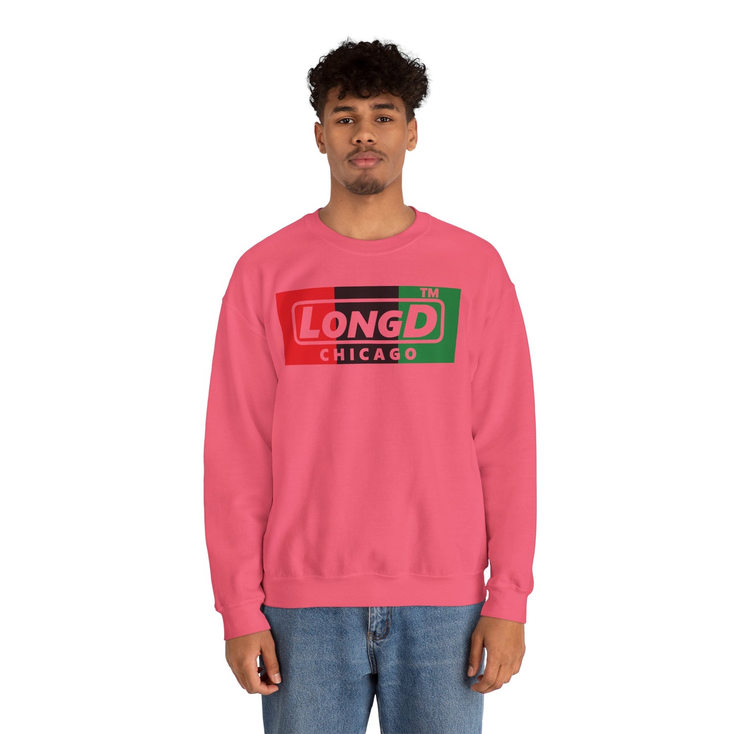 LongD negative vertical 3-striped Chicago logo crewneck sweatshirt (Juneteenth colors)