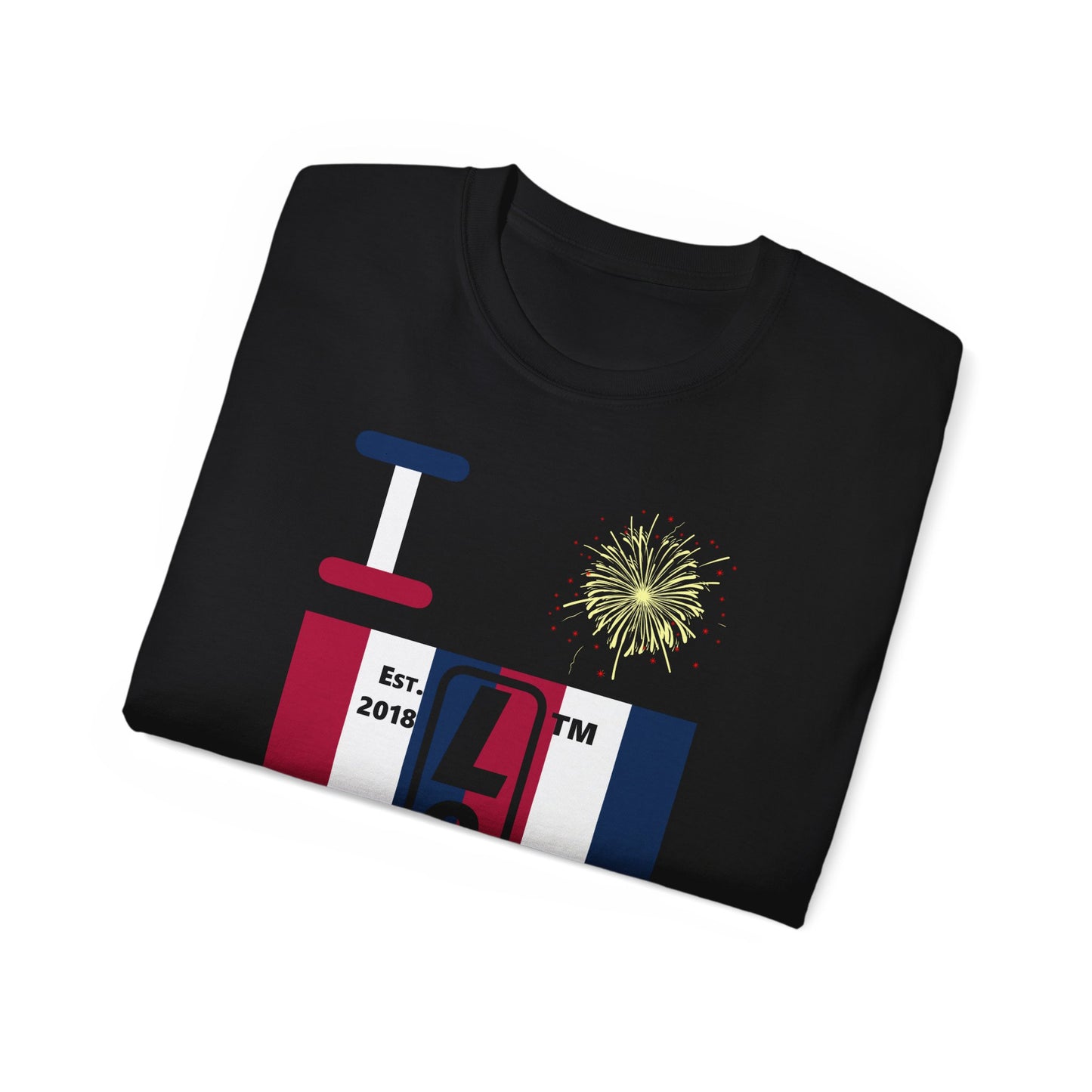 I Burst LongD cotton tee negative vertical 6-striped Hyde Park upright logo (Patriotic colors)