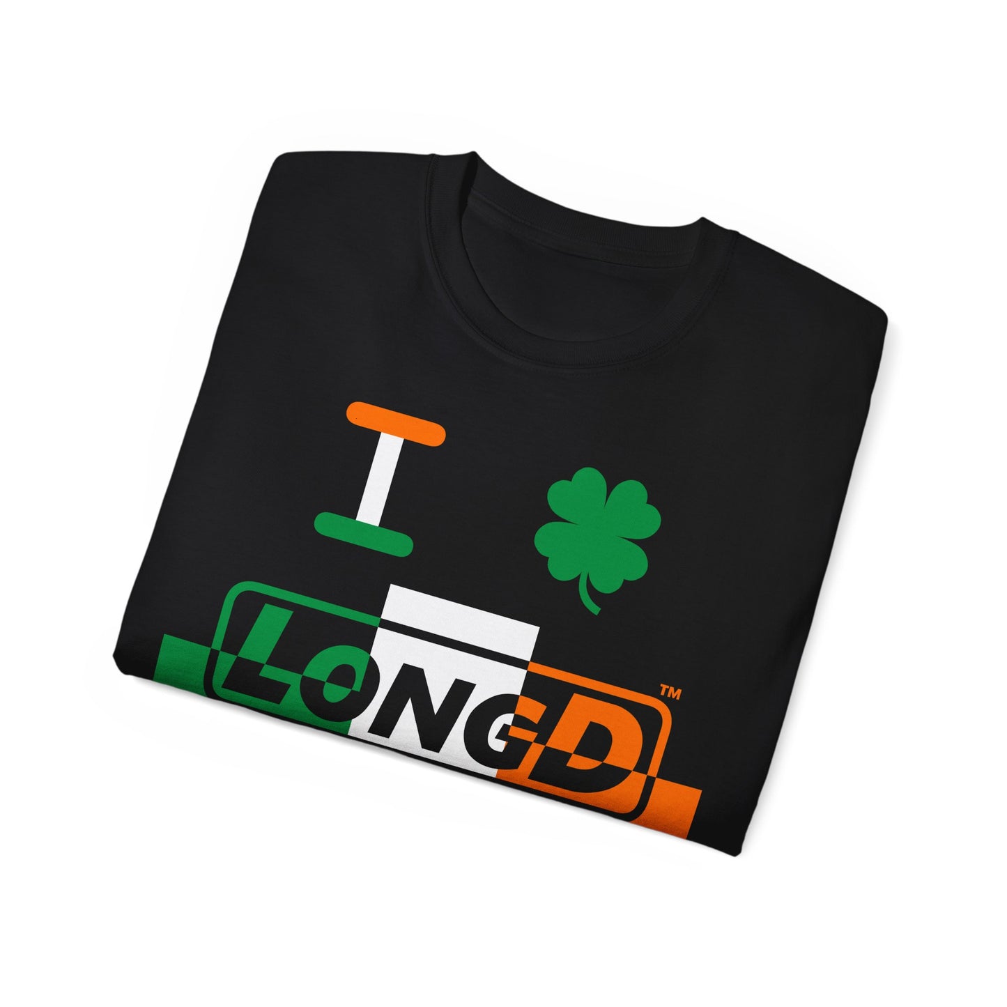 I Clover LongD® Logo Cotton Tee (St. Patrick's Day -Irish Green, White and Irish Orange thirds top-bottom outer positive-negative split with 4-leaf clover)