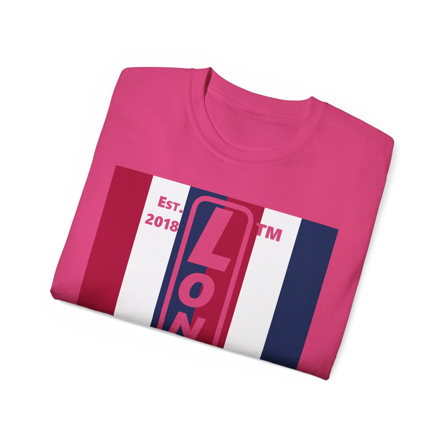 LongD cotton tee negative vertical 6-striped Hyde Park upright logo (Patriotic colors)