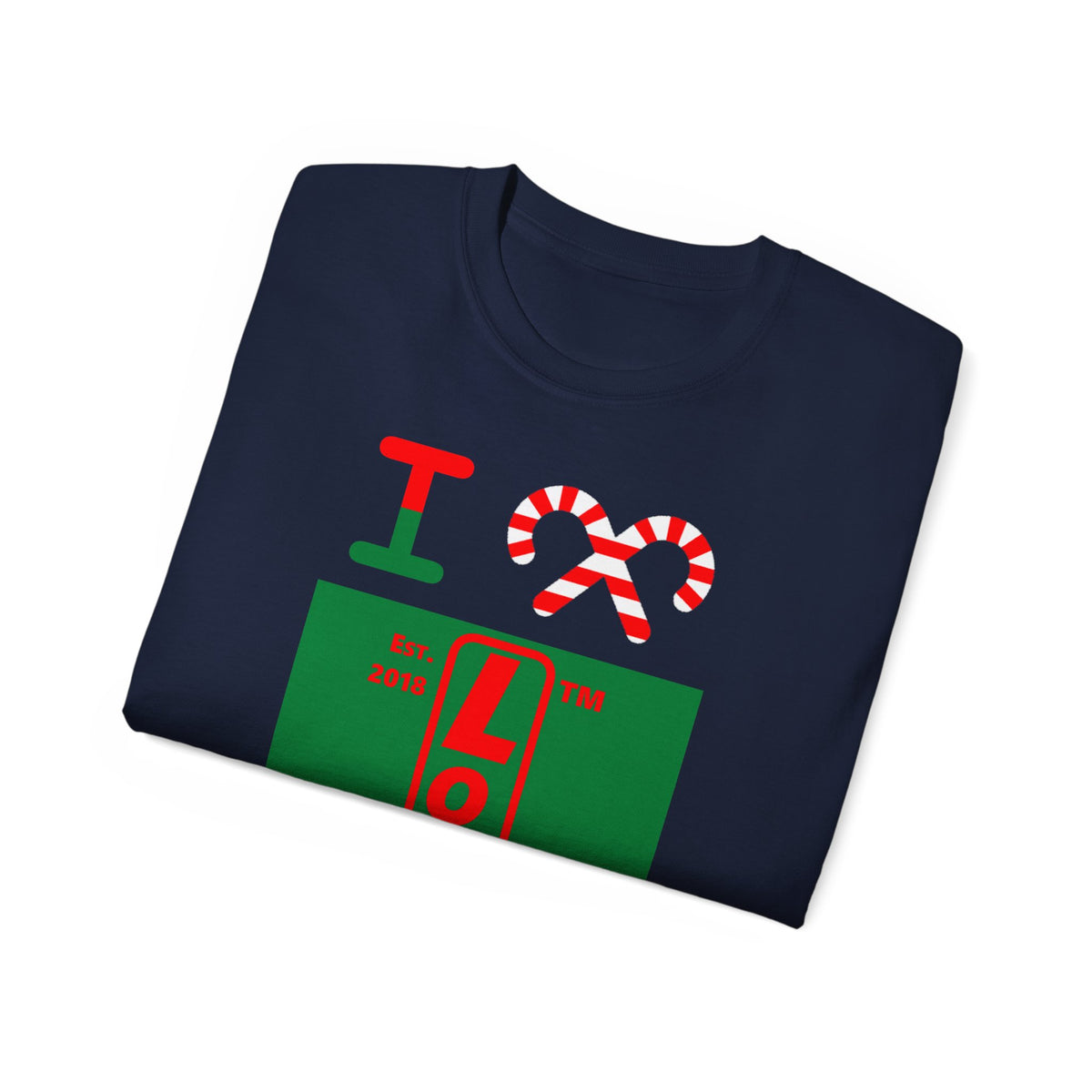 I candy cane LongD Chicago upright front-back logo positive red on negative green cotton tee