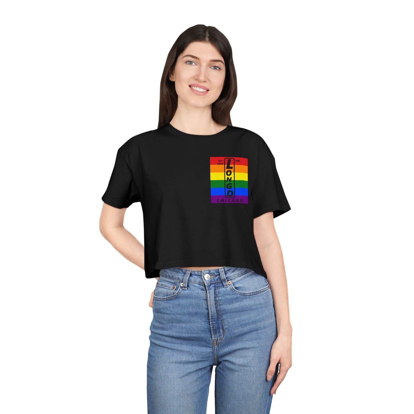 Negative horizontal 6-striped upright single-breasted Chicago logo crop tee (Pride colors)