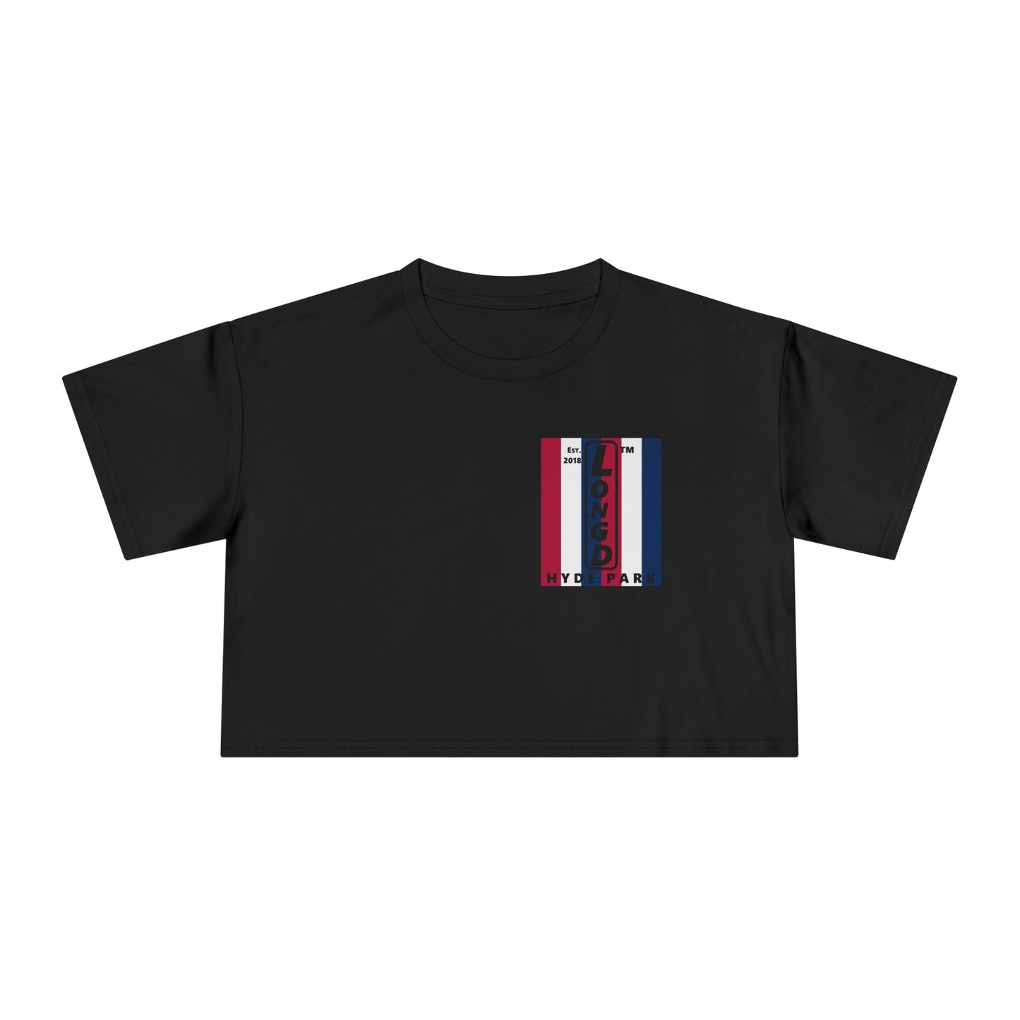 Negative vertical 6-striped upright single-breasted Hyde Park logo crop tee (Patriotic colors)