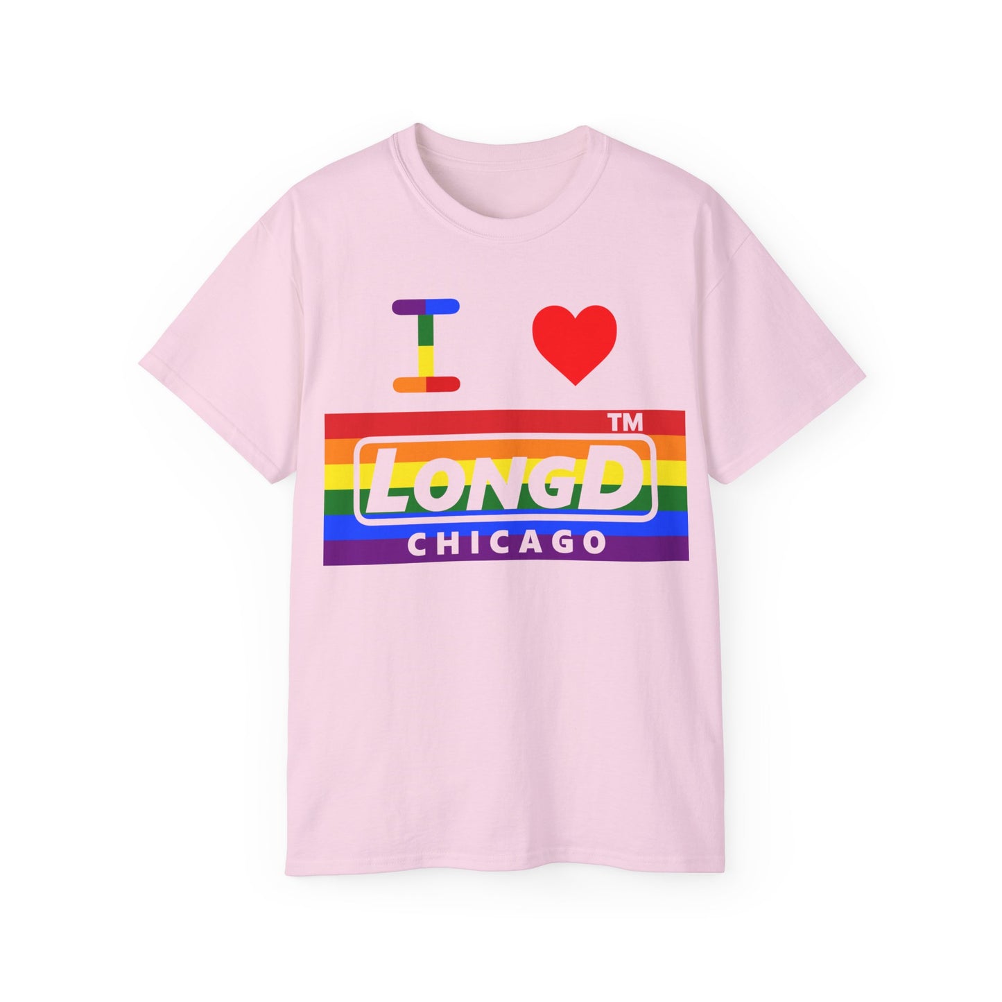 I Luv LongD negative horizontal striped Chicago logo cotton tee (Pride colors)