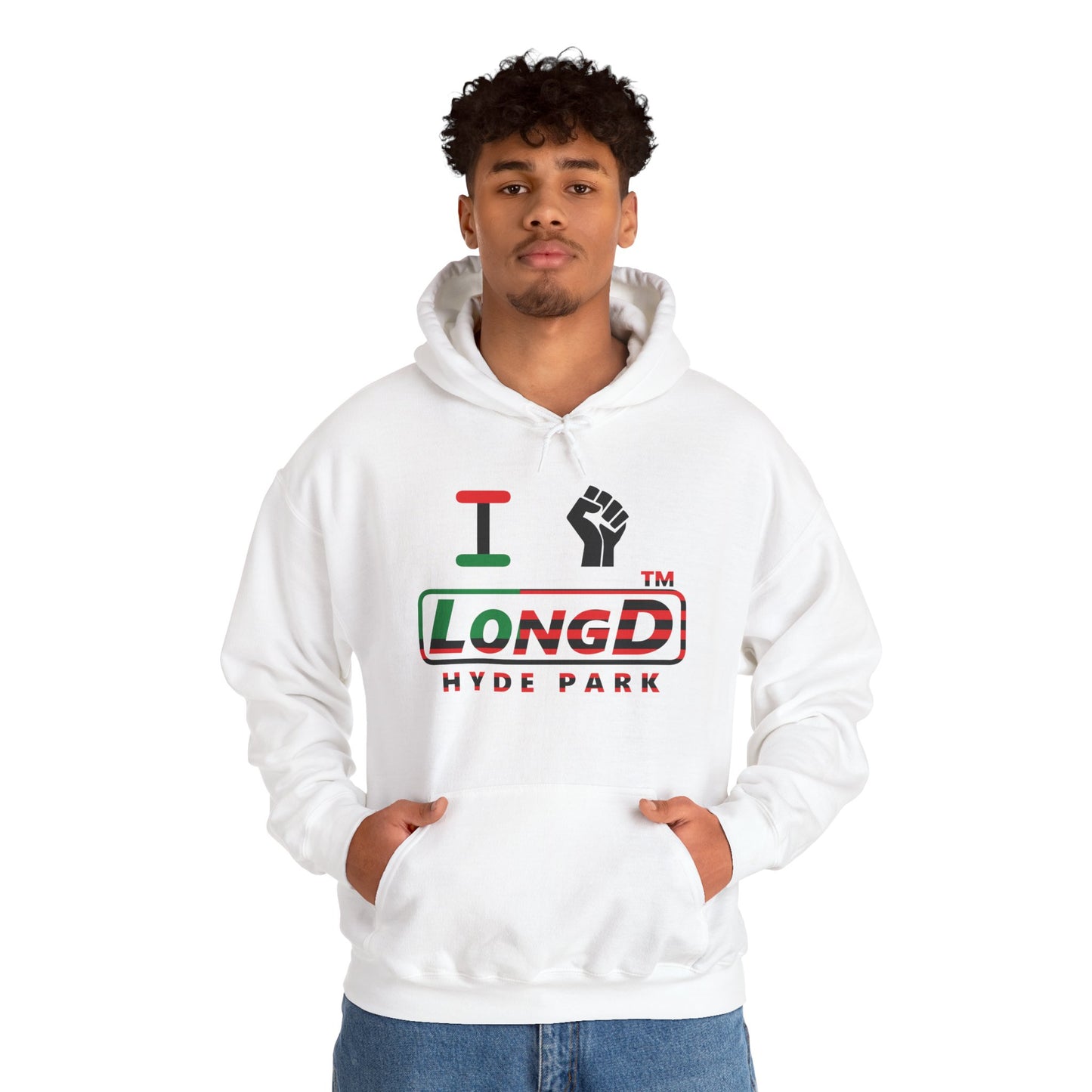 I fist LongD® positive flag front-back Hyde Park logo Hoodie (Juneteenth colors)
