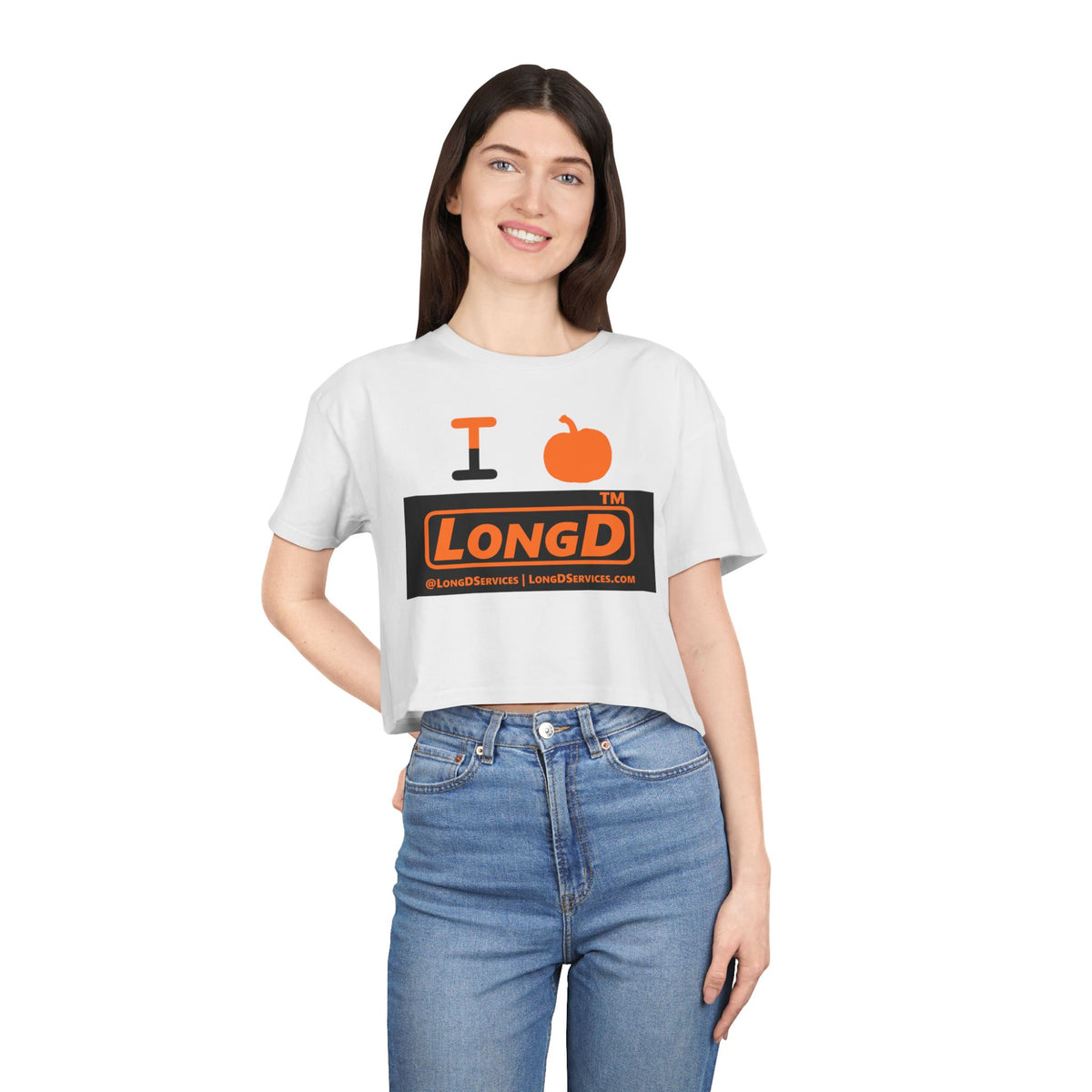 I pumpkin LongD Tag-domain logo positive orange on negative black crop tee