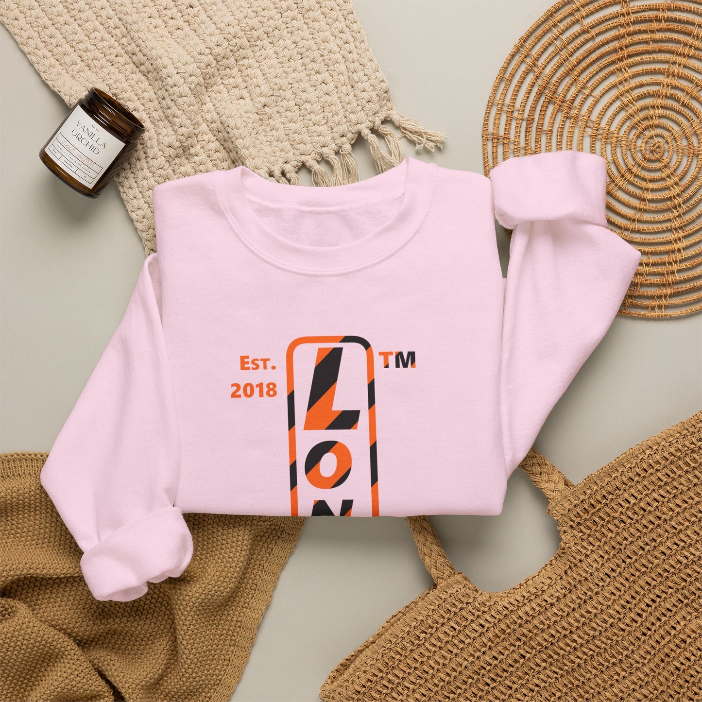 LongD Chicago positive upright pixel-weighted 12-striped 4-print logo (Halloween colors) crewneck sweatshirt