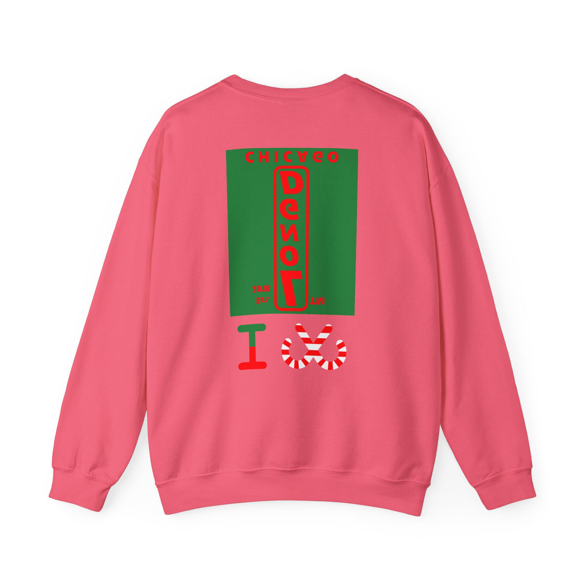 I candy cane LongD Chicago upright front-back logo positive red on negative green crewneck sweatshirt