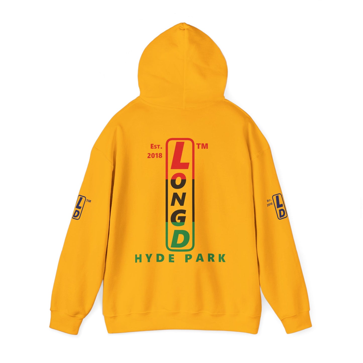 LongD® positive horizontal 3-striped Hyde Park 4-print upright logo hoodie (Juneteenth colors)