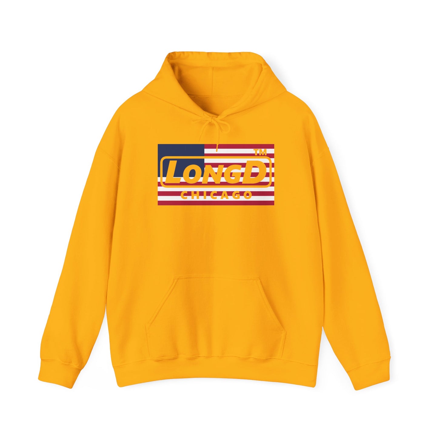 LongD® negative flag Chicago logo hoodie (patriotic colors)
