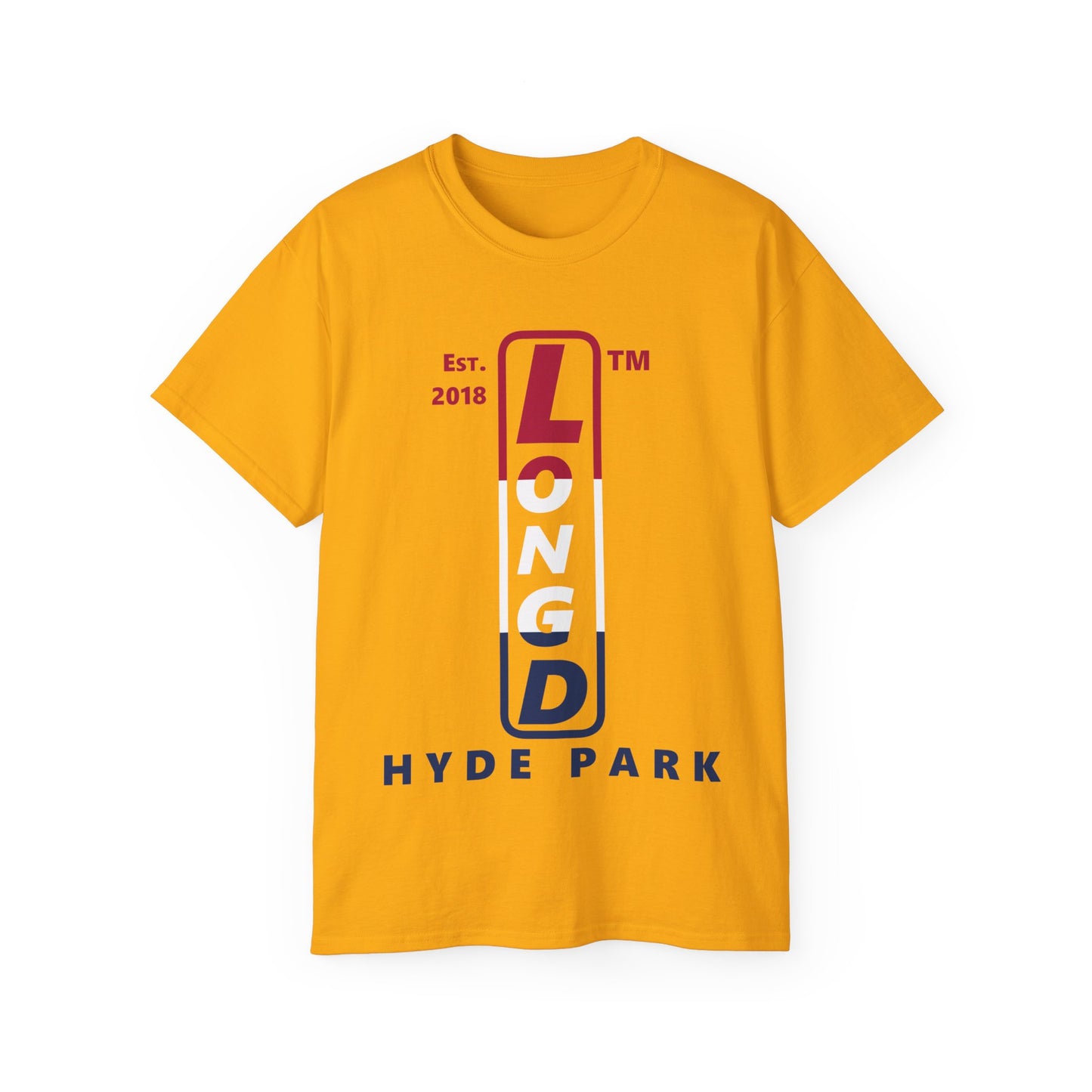 LongD cotton tee positive horizontal 3-striped Hyde Park upright logo (Patriotic colors)