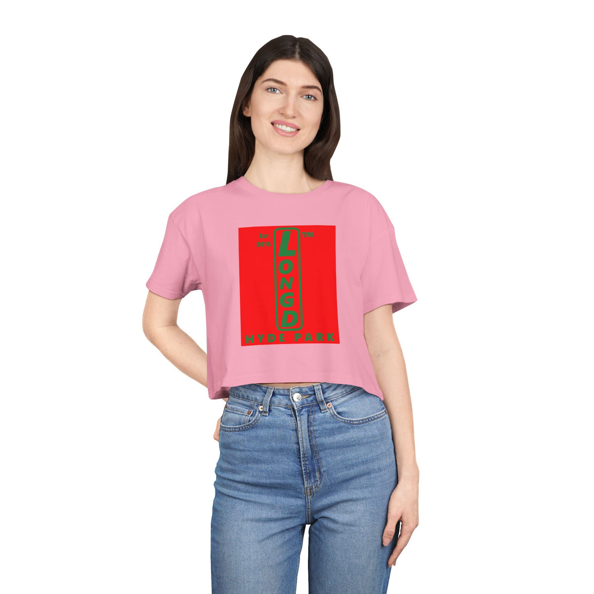 LongD Hyde Park upright logo positive green on negative red (Xmas colors) crop tee