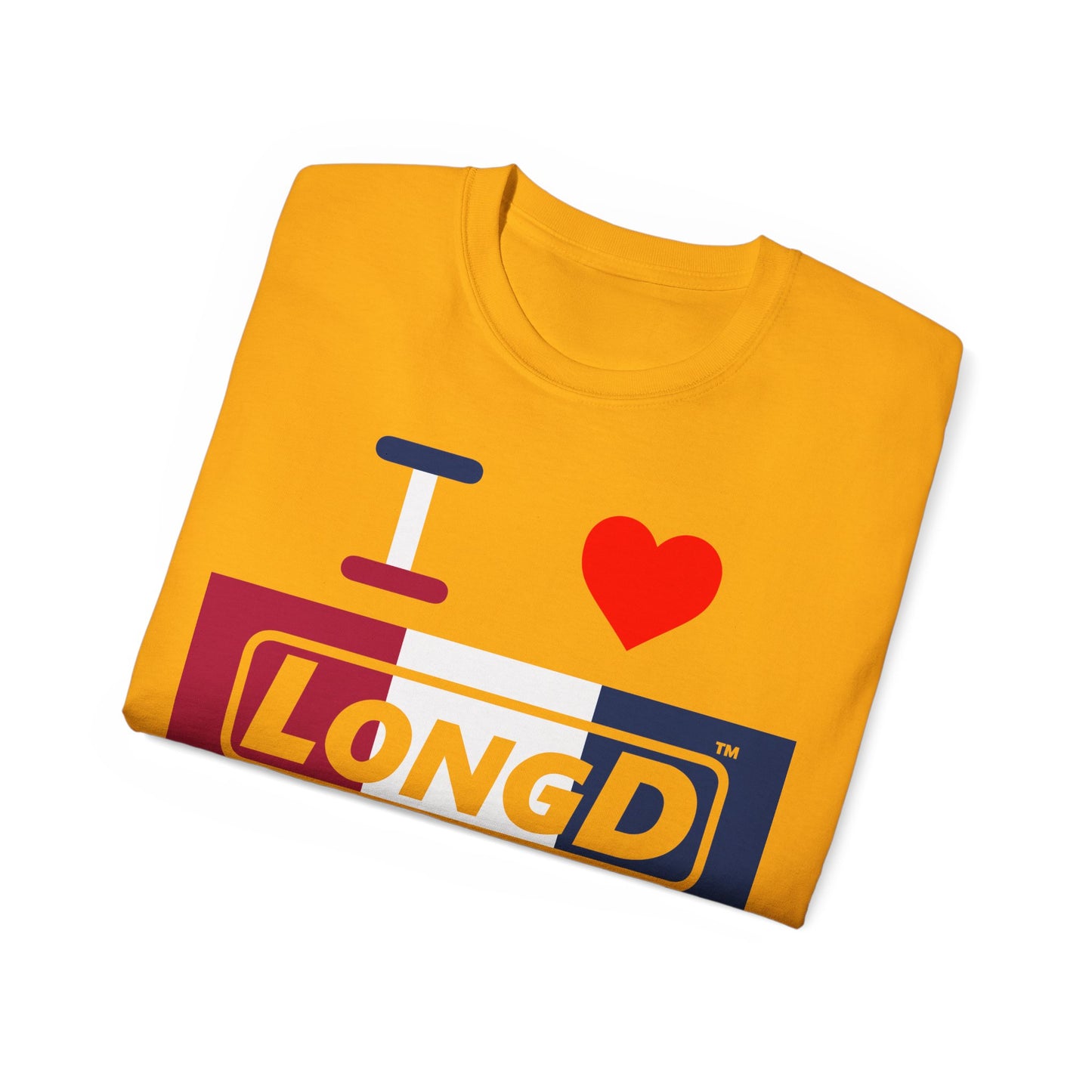 I Luv LongD® Logo Cotton Tee Red, White and Blue negative thirds text