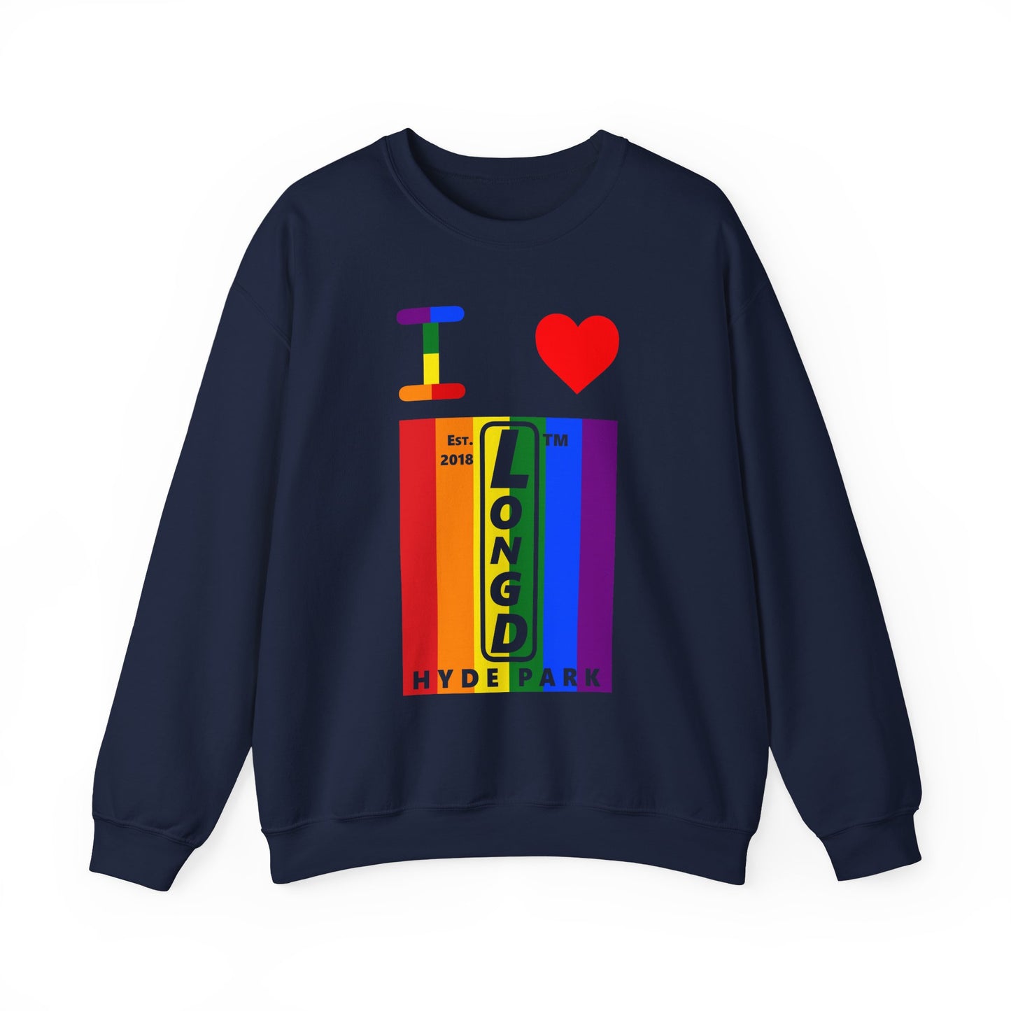 I Luv LongD negative vertical 6-striped Hyde Park upright logo crewneck sweatshirt