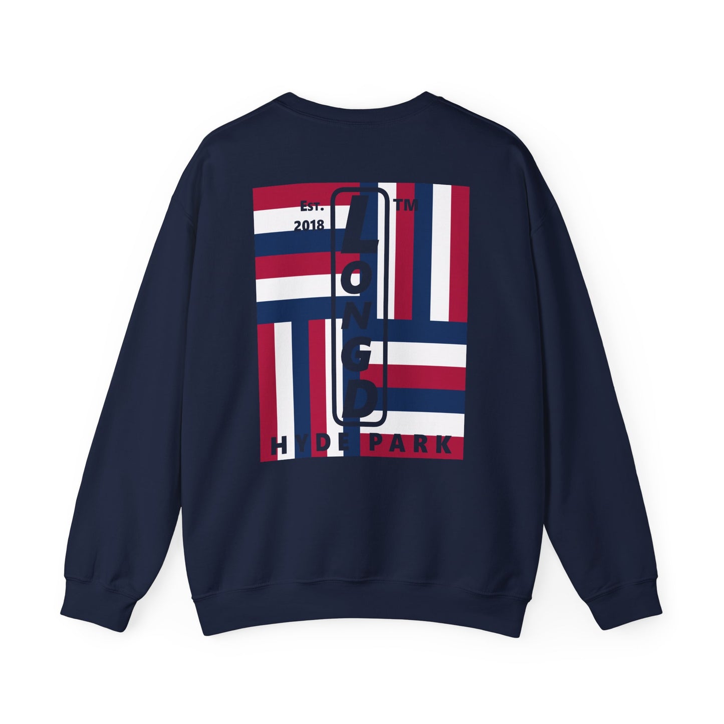 LongD negative rotated windmill Hyde Park front-back upright logo crewneck sweatshirt (patriotic colors)