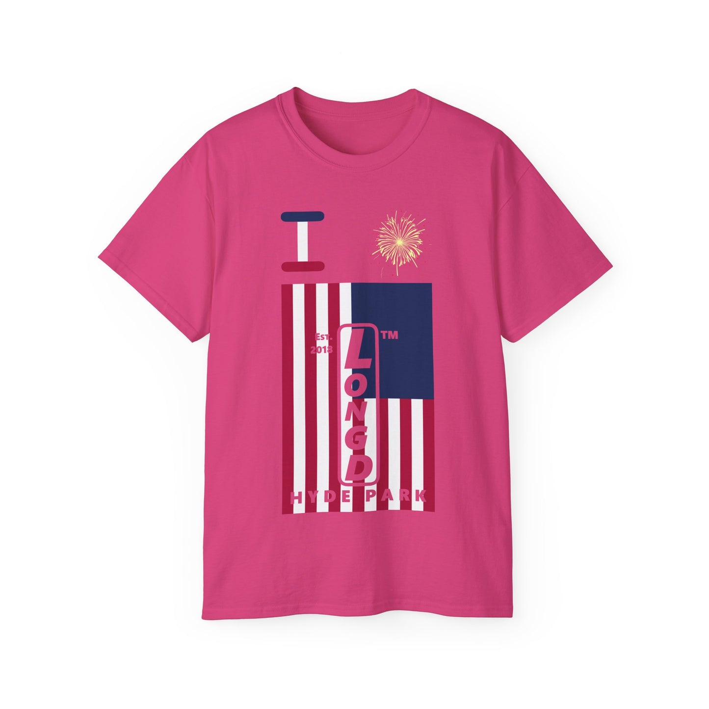 I Burst LongD cotton tee negative cropped flag Hyde Park upright logo (Patriotic colors)