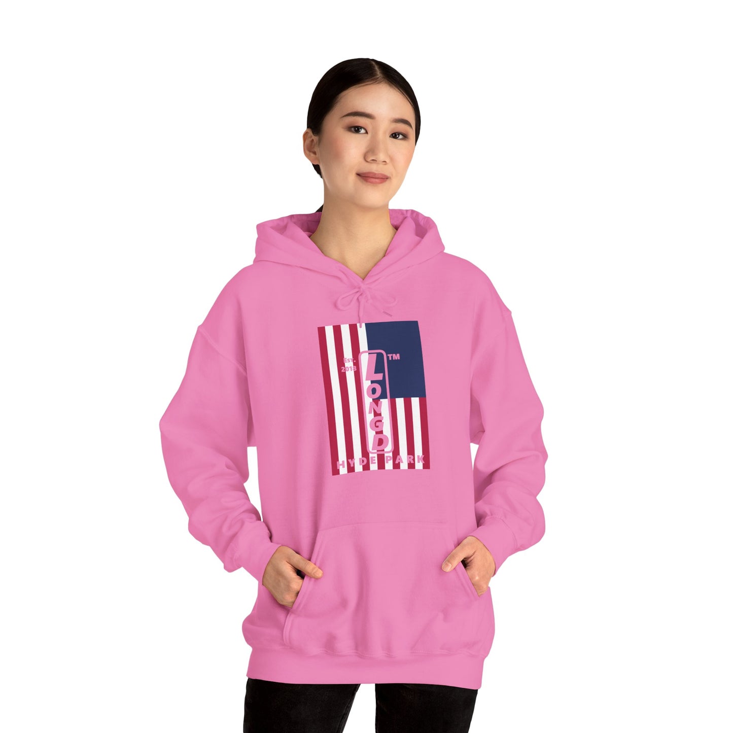 LongD® negative cropped flag upright Hyde Park logo hoodie (Patriotic colors)