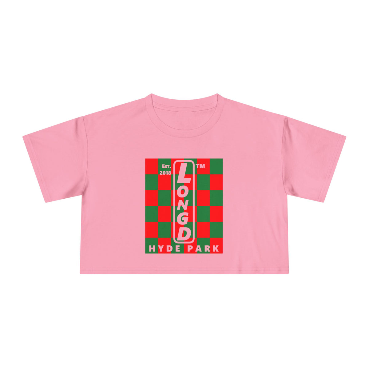 LongD Hyde Park negative upright checkered logo (Xmas colors) crop tee