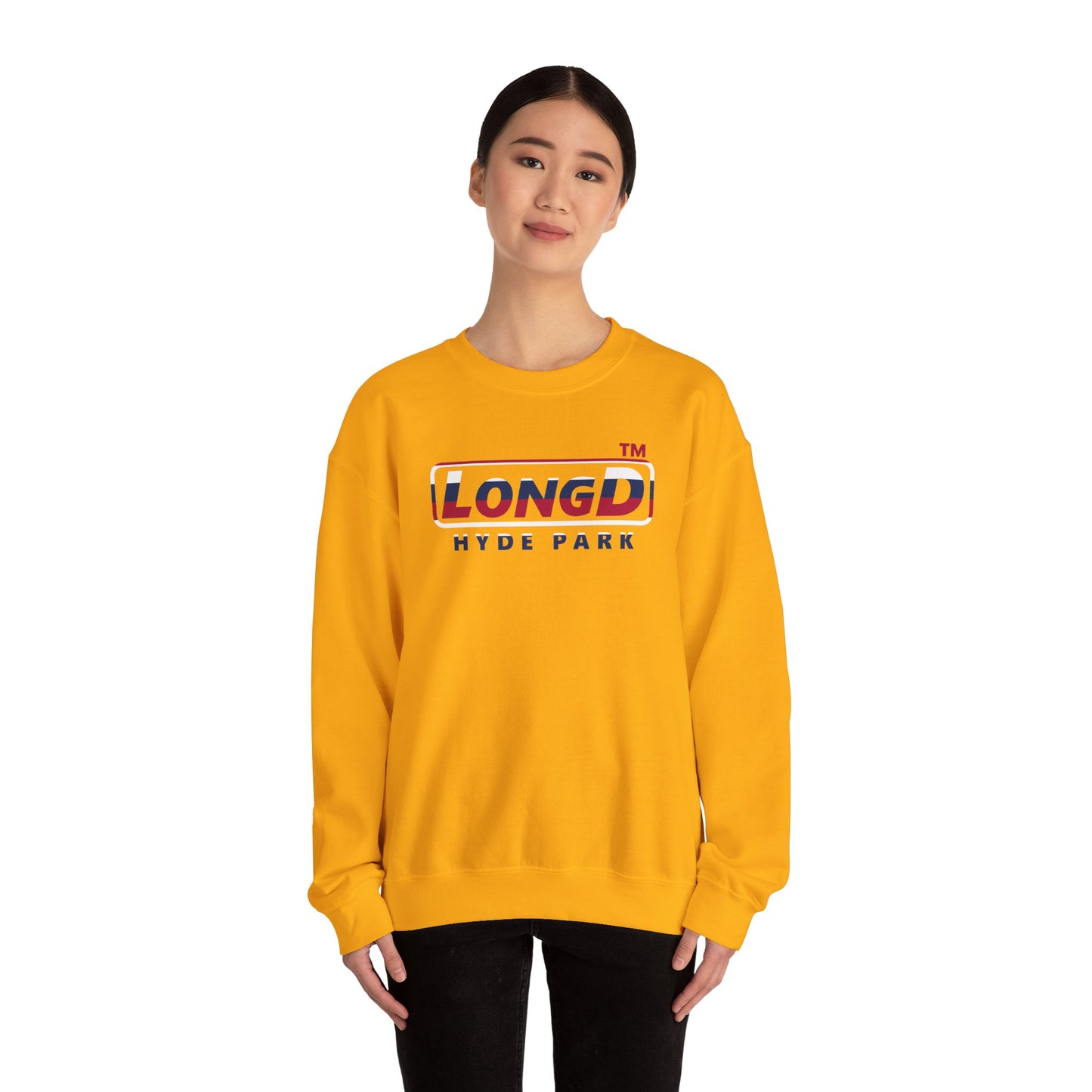 LongD positive horizontal 6-striped Hyde Park logo crewneck sweatshirt (patriotic colors)