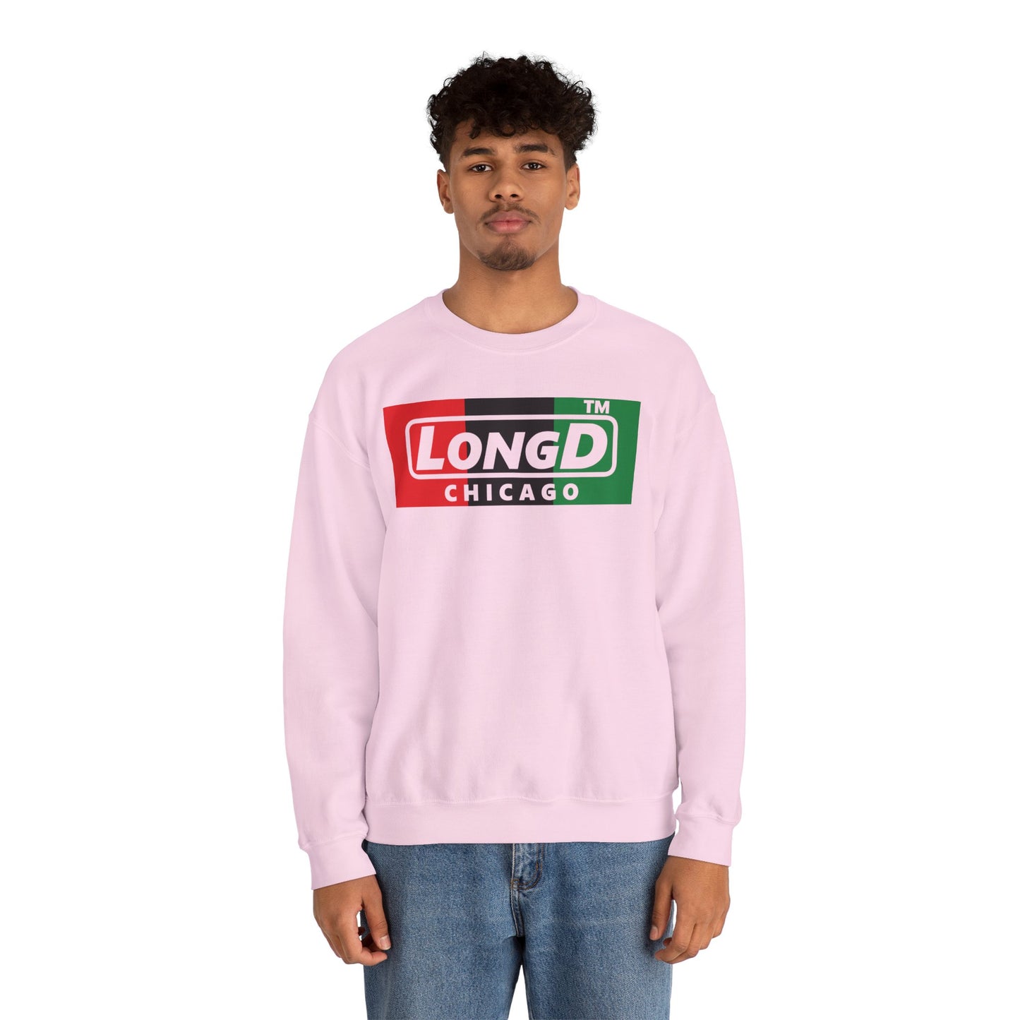 LongD negative vertical 3-striped Chicago logo crewneck sweatshirt (Juneteenth colors)
