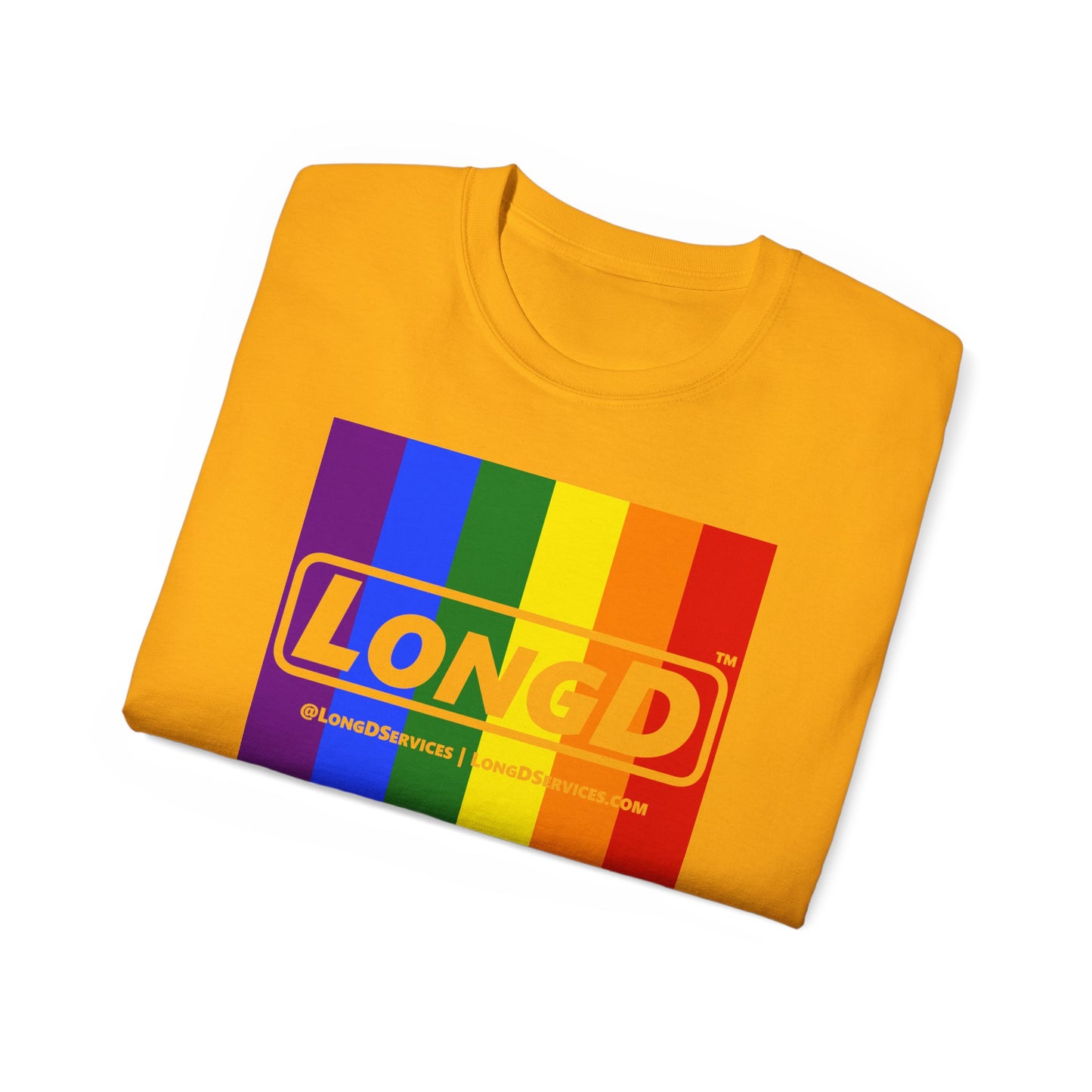 LongD® Logo Cotton Tee Pride rainbow vertical flag negative text